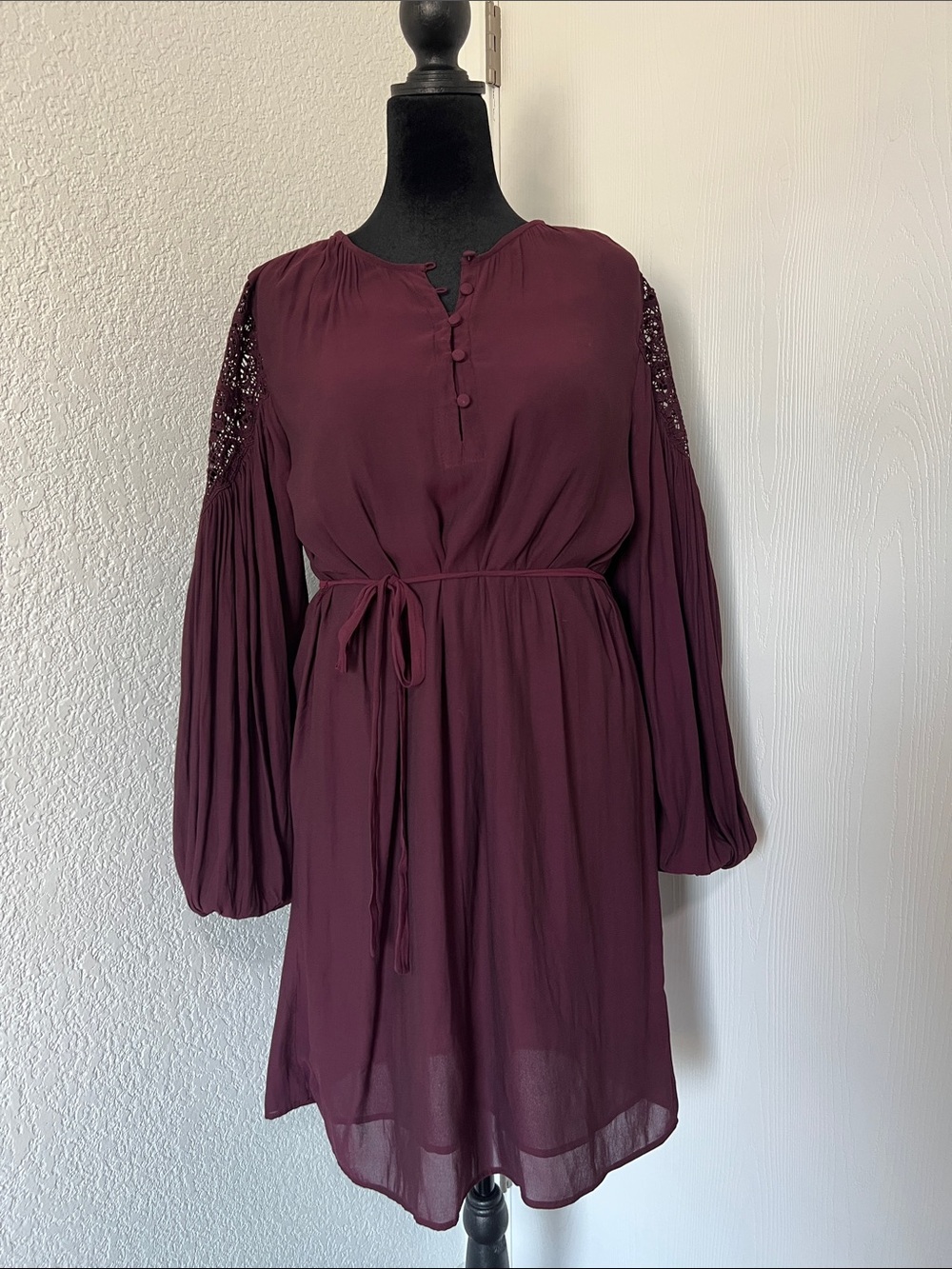 LOFT Burgundy Long-Sleeve Tie-Waist Dress
